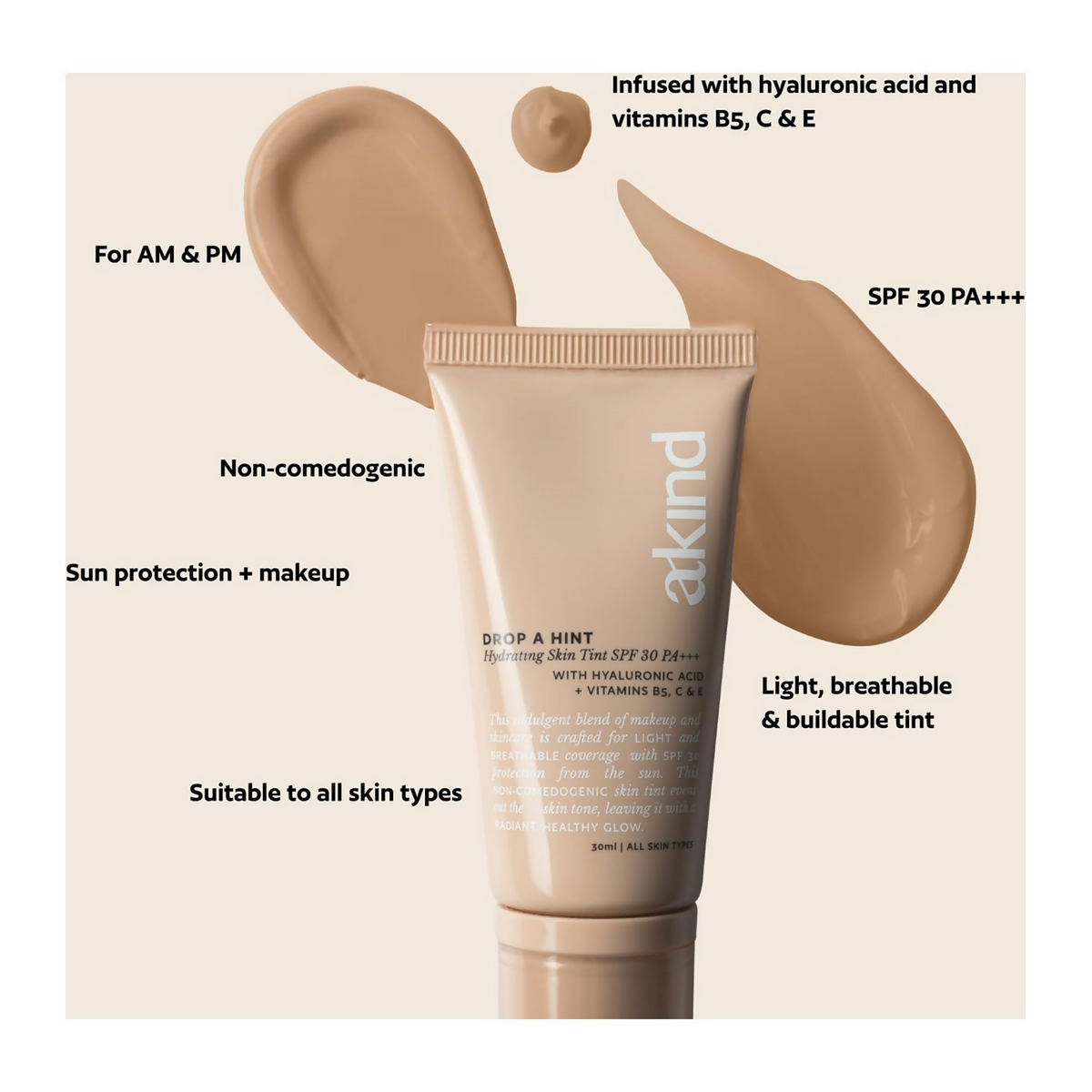 Akind Drop A Hint Hydrating Skin Tint Spf 30 Pa+++160 Caramel