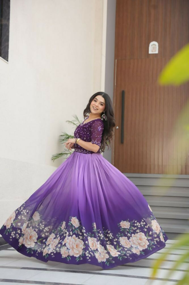 Vastranavya Purple Faux Blooming With Beads Embroidered work and Rich Floral Pedding Digital Print Gown