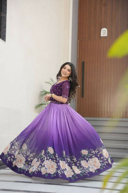 Vastranavya Purple Faux Blooming With Beads Embroidered work and Rich Floral Pedding Digital Print Gown