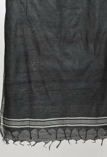 Mominos Fashion Moeza Women's Linen Cotton Silver Border Black Dupatta