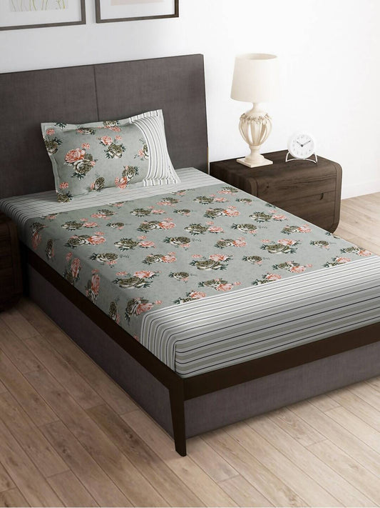 Story@home Arena Grey & Pink Floral Printed 180 TC Bedsheet & Pillow Covers