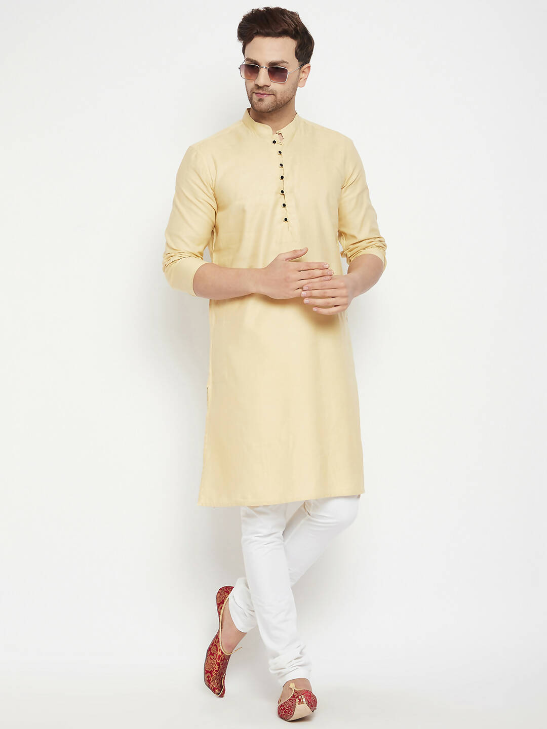 Even Apparels Beige Pure Cotton Long Men's Kurta With Band Collar