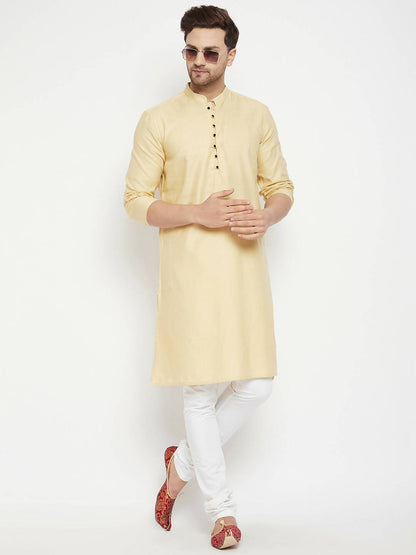 Even Apparels Beige Pure Cotton Long Men's Kurta With Band Collar