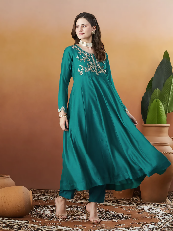The52 Rama Women's Beautiful Vichitra Silk Fabric Embroidered Work Flared Anarkali Pant and Dupatta Set