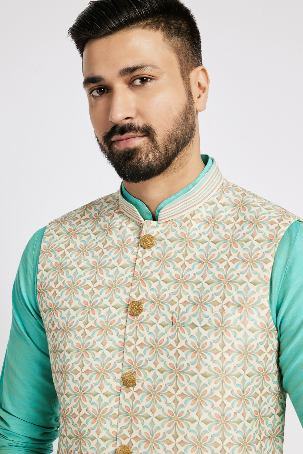 Ethnic India Light Blue Bundi Men's Jacket Abstract Polyester