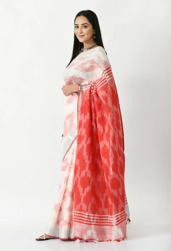 Mominos Fashion Moeza White & Red Bhagalpuri Handloom Ikat Pure Cotton Saree with unstitched Blouse piece
