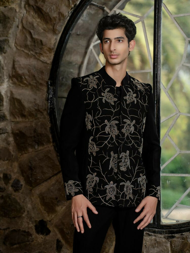 Classic Black Bandhgala Ensemble – Tortoise Embroidery by Hilo Design