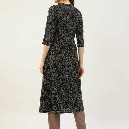 FIORRA Women's Black Printed Flared Cotton Kurta
