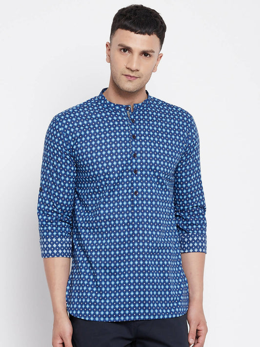 Even Apparels Blue Men's Pure Cotton Kurta With Band Collar