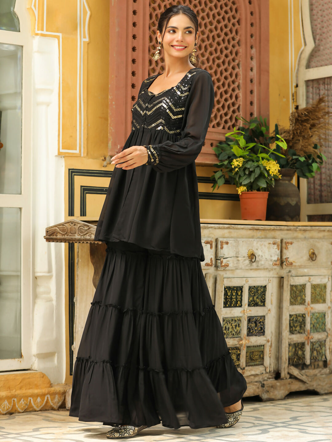 Janasya Black Georgette Sequined Tunic & Bottom