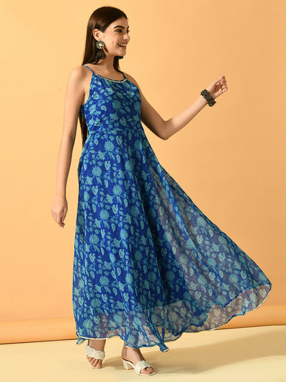 Myshka Women's Blue Fit and Flare Party Dress