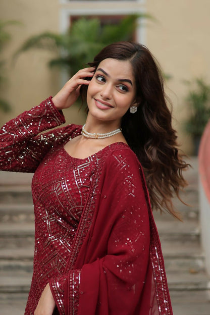 Vastranavya Premium Designer Heavy Sequins & Thread Embroidered work Top Sharara & Dupatta - Maroon