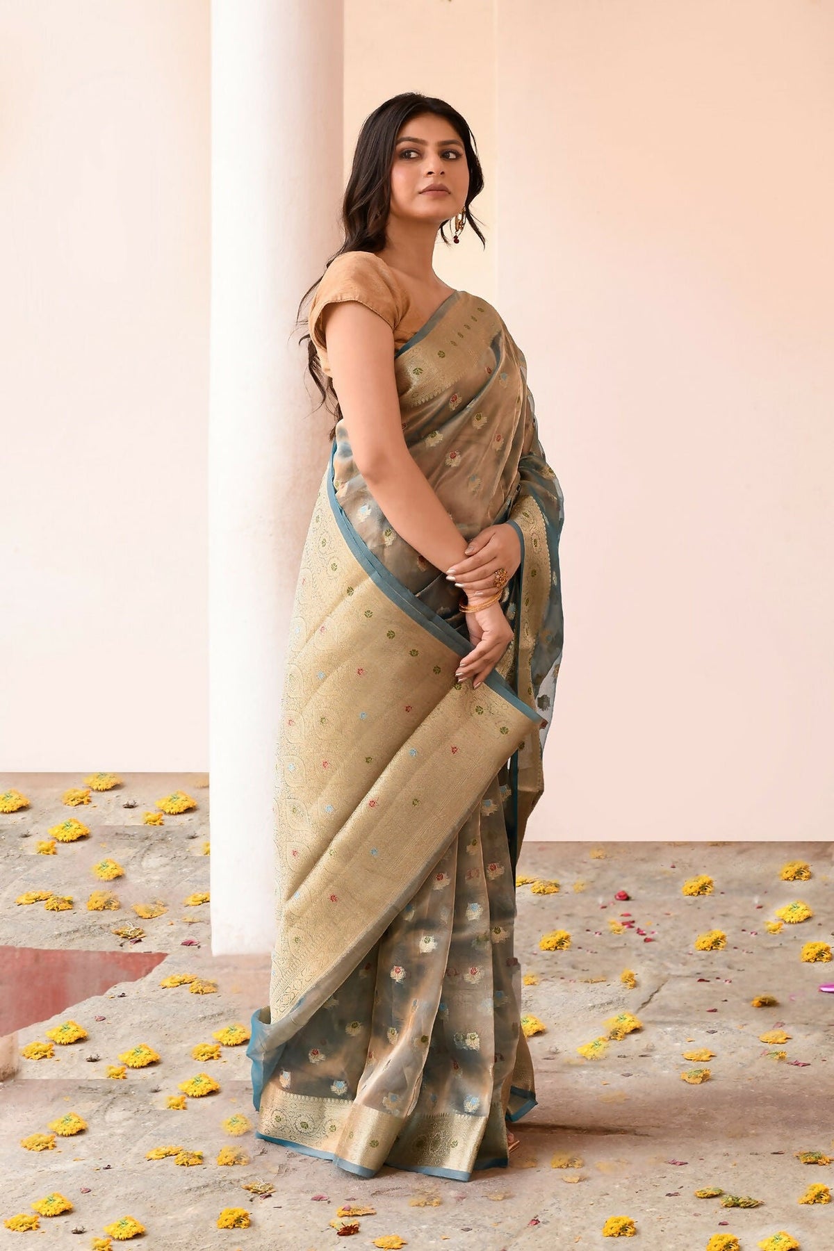 Joban Fashion Grey Pure Banarasi Tissue Saree