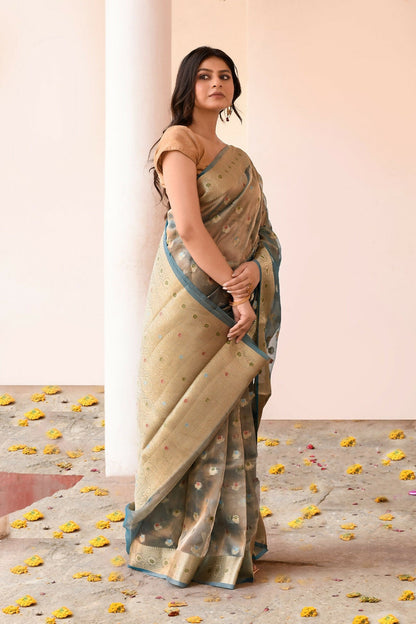 Joban Fashion Grey Pure Banarasi Tissue Saree