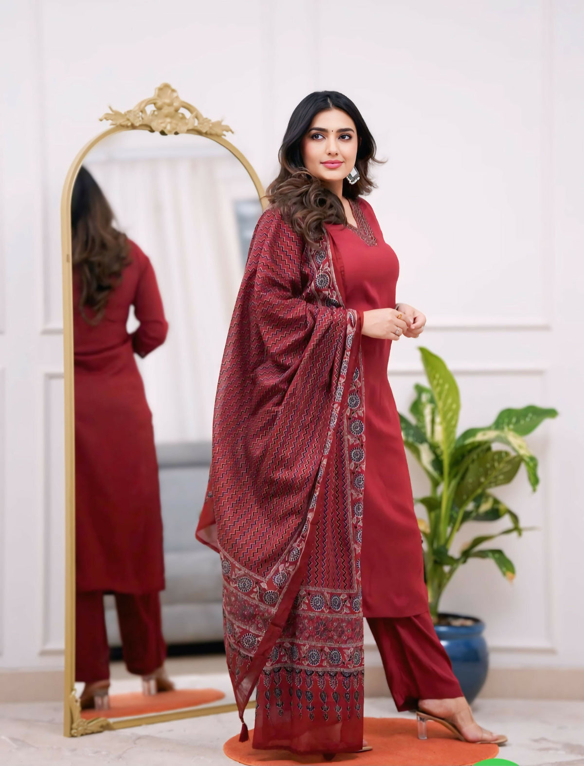 The52 Maroon Women's Gorgeous Parampara Fabric Embroidered Work Straight Kurta Pant and Dupatta Set