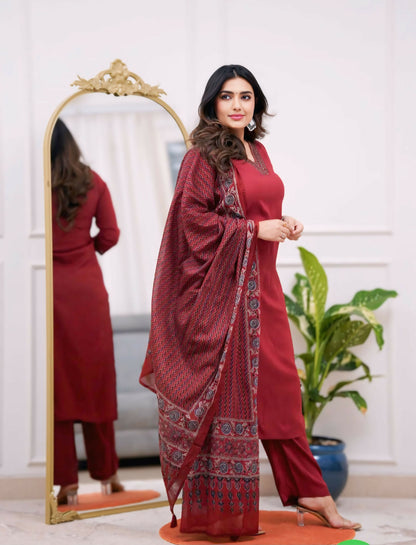 The52 Maroon Women's Gorgeous Parampara Fabric Embroidered Work Straight Kurta Pant and Dupatta Set