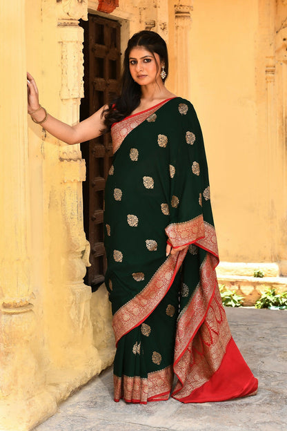 Joban Fashion Emerald Green Crepe Chiffon Pure Handloom Banarasi Silk Saree
