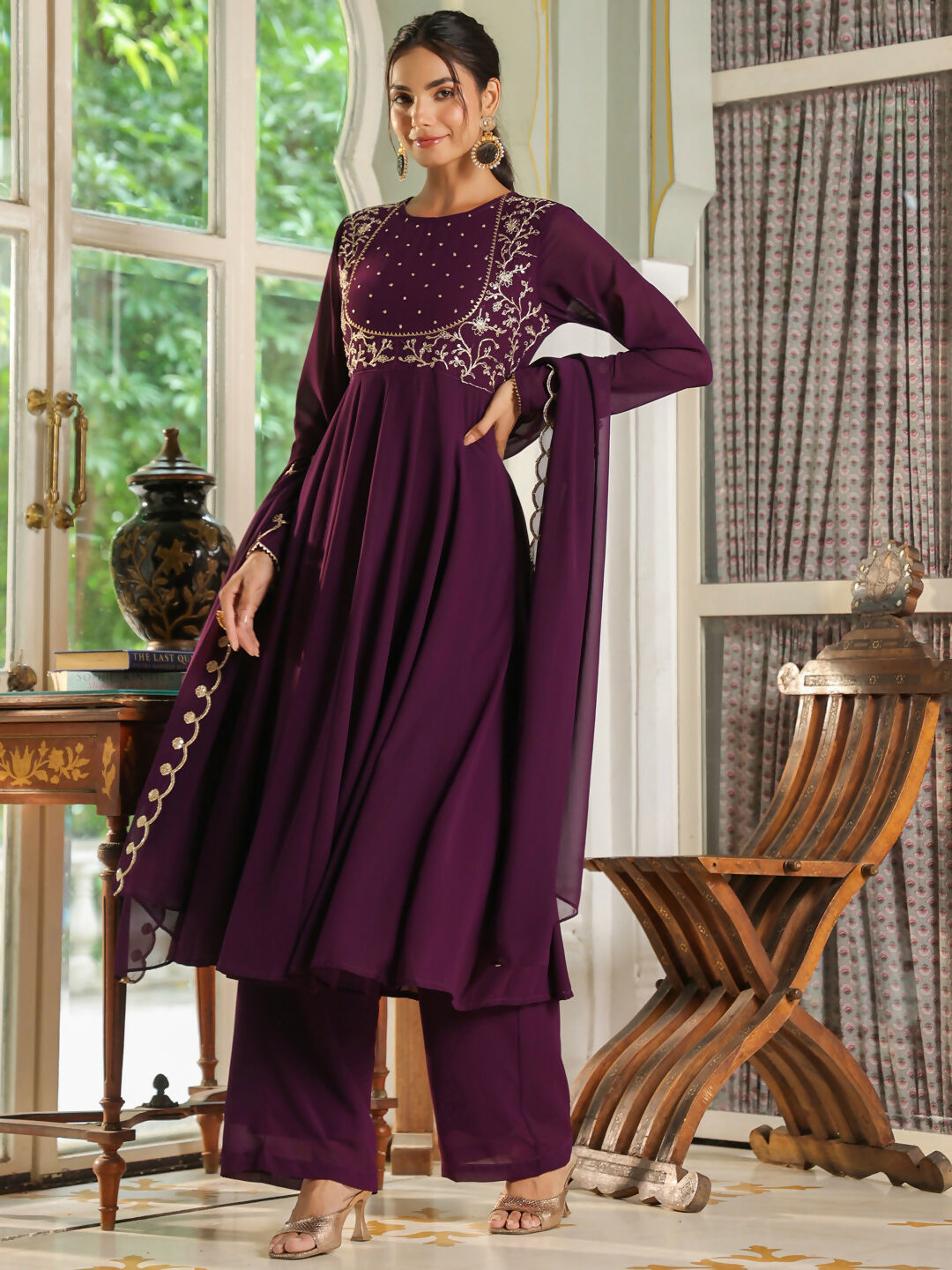 Janasya Purple Georgette Embroidered Kurta,Bottom & Dupatta
