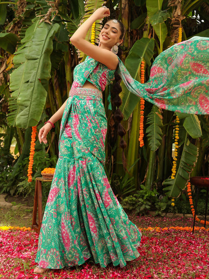 Janasya Green Georgette Floral Saree