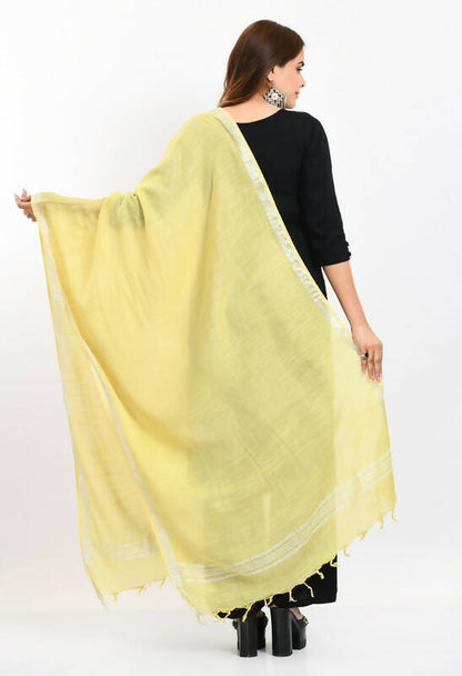 Mominos Fashion Moeza Women's Linen Cotton Silver Border Lemon Yellow Dupatta