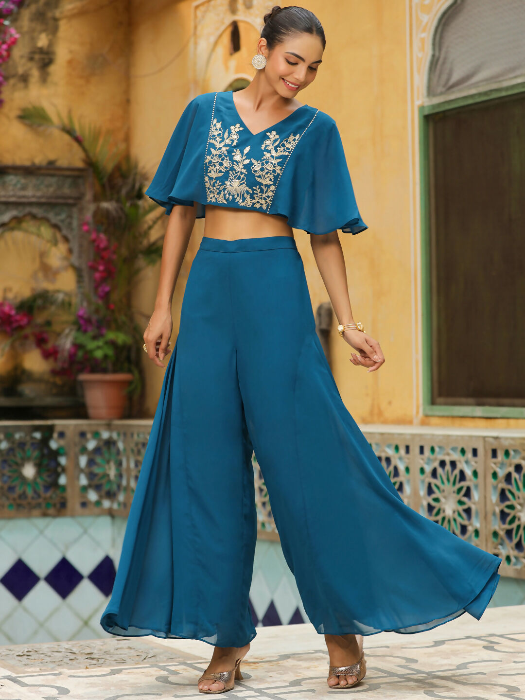 Janasya Teal Blue Georgette Yoke Embroidery Co-Ords