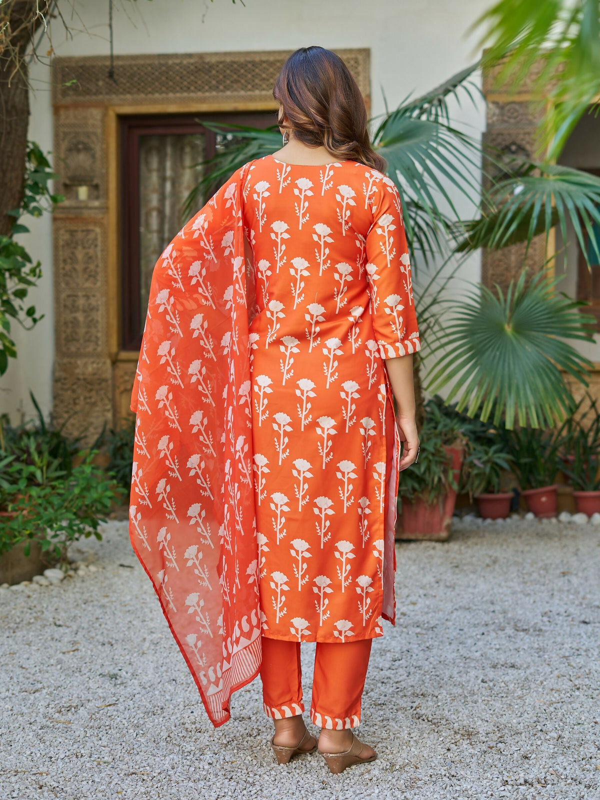 The52 Orange Women's Beautiful Cotton Blend Fabric Printed Work Straight Kurta, Pant and Dupatta Set
