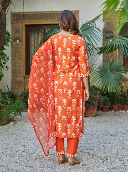 The52 Orange Women's Beautiful Cotton Blend Fabric Printed Work Straight Kurta, Pant and Dupatta Set
