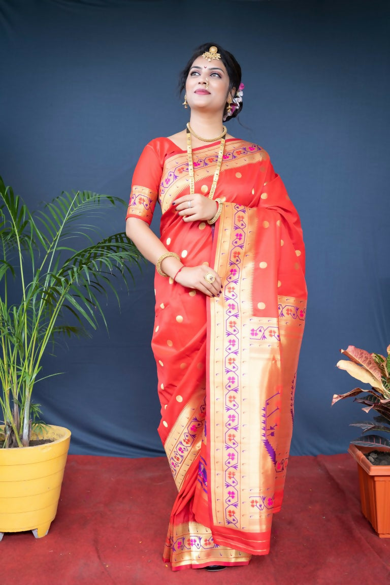 Jyoti Fashion Women's Red Paithani Silk Zari Woven Saree with Blouse