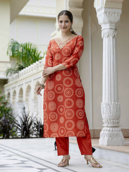 The52 Orange Women's Gorgeous Rayon Embroidered Straight Kurta with Pant And Dupatta Set