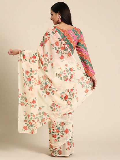 Ahalyaa Women's Traditional Semi Stitch Saree - Off White