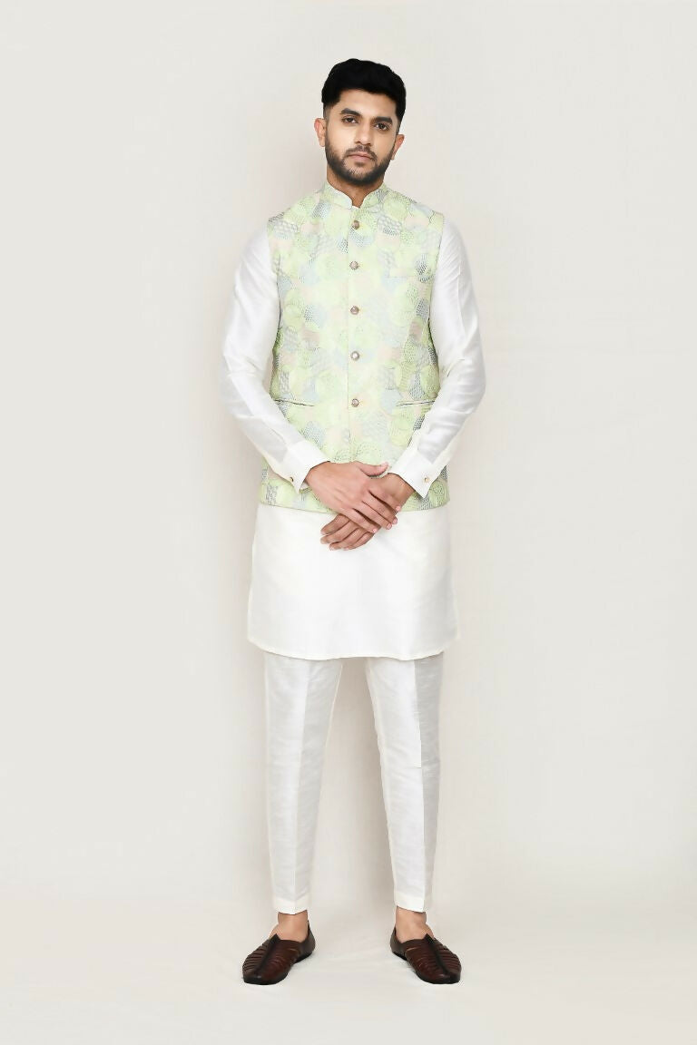 Joban Fashion White Colored Art Silk Fabric Kurta, Jacket With Straight Fit Pant