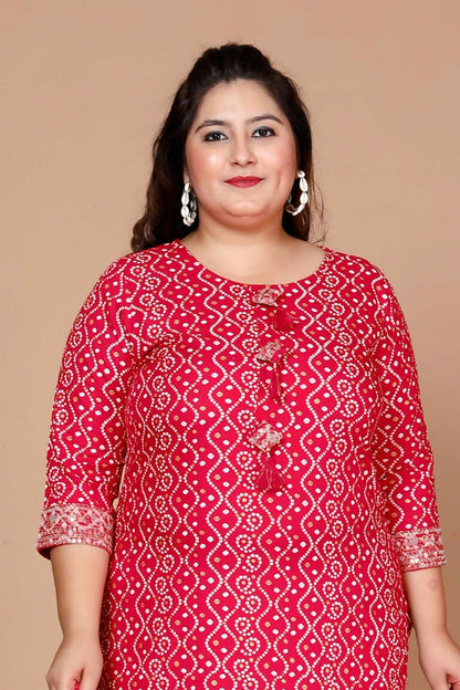 Miravan Women's Plus Size Pink Bandhani Pakistani Straight Kurti