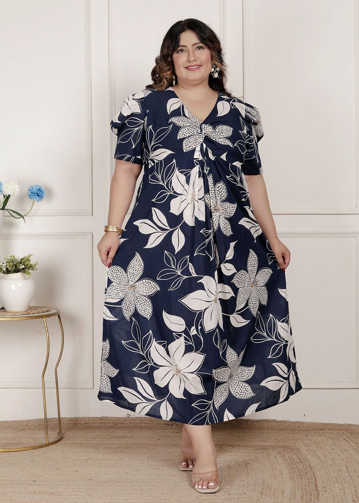 Miravan Womens Plus Size Blue Flower Printed Puff Sleeve Cotton Butterfly Maxi Dress