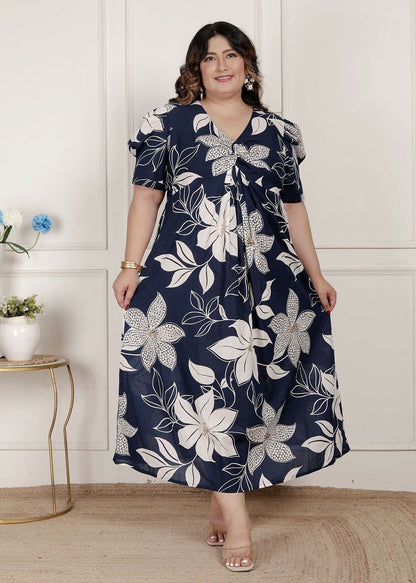 Miravan Womens Plus Size Blue Flower Printed Puff Sleeve Cotton Butterfly Maxi Dress