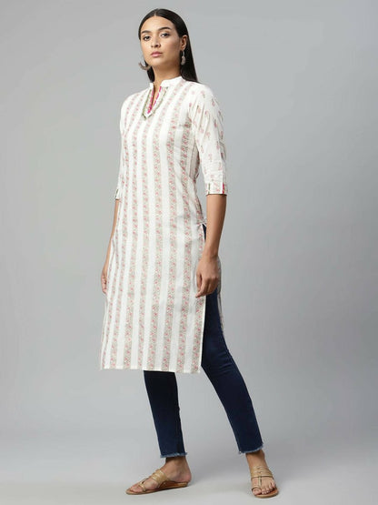 Ahalyaa Womens Off White Color Pure Cotton Printed Kurtas