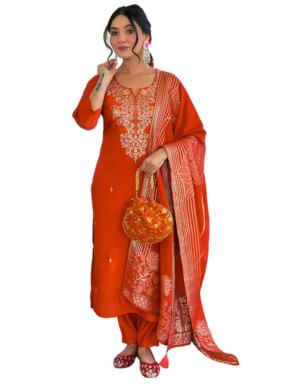 The52 Rust Women's Gorgeous Roman Silk Fabric Straight Kurta, Pant and Dupatta Set