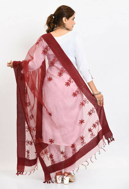 Mominos Fashion Moeza Women's Orgenza All Over Chikan Work Maroon Dupatta