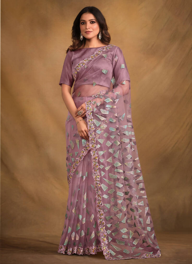 Light Purple Velvet Texture Net Designer Saree with Unstitched Blouse - Norita Mahitha