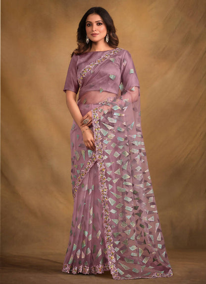 Light Purple Velvet Texture Net Designer Saree with Unstitched Blouse - Norita Mahitha