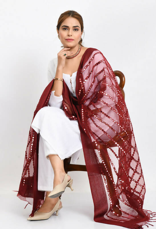 Mominos Fashion Moeza Women's Orgenza Mirror Stripe Thread Work Maroon Dupatta