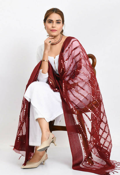Mominos Fashion Moeza Women's Orgenza Mirror Stripe Thread Work Maroon Dupatta