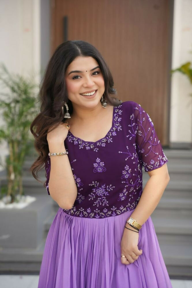 Vastranavya Purple Faux Blooming With Beads Embroidered work and Rich Floral Pedding Digital Print Gown