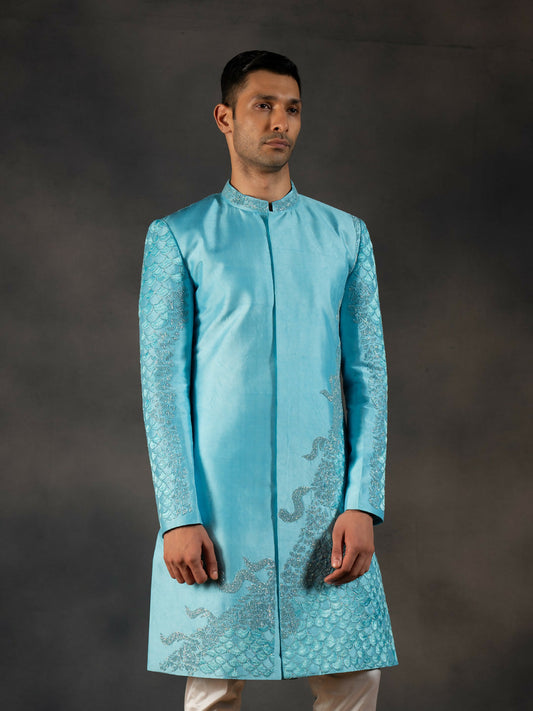 Sky Blue Hand Embroidered Indowestern Sherwani by Hilo Design