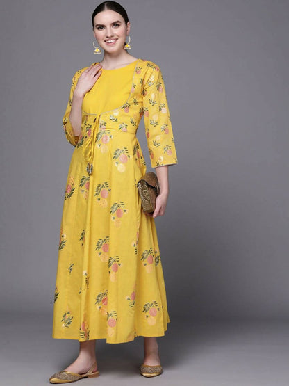 Ahalyaa Women Yellow Floral Fit & Flare Maxi Ethnic Dress