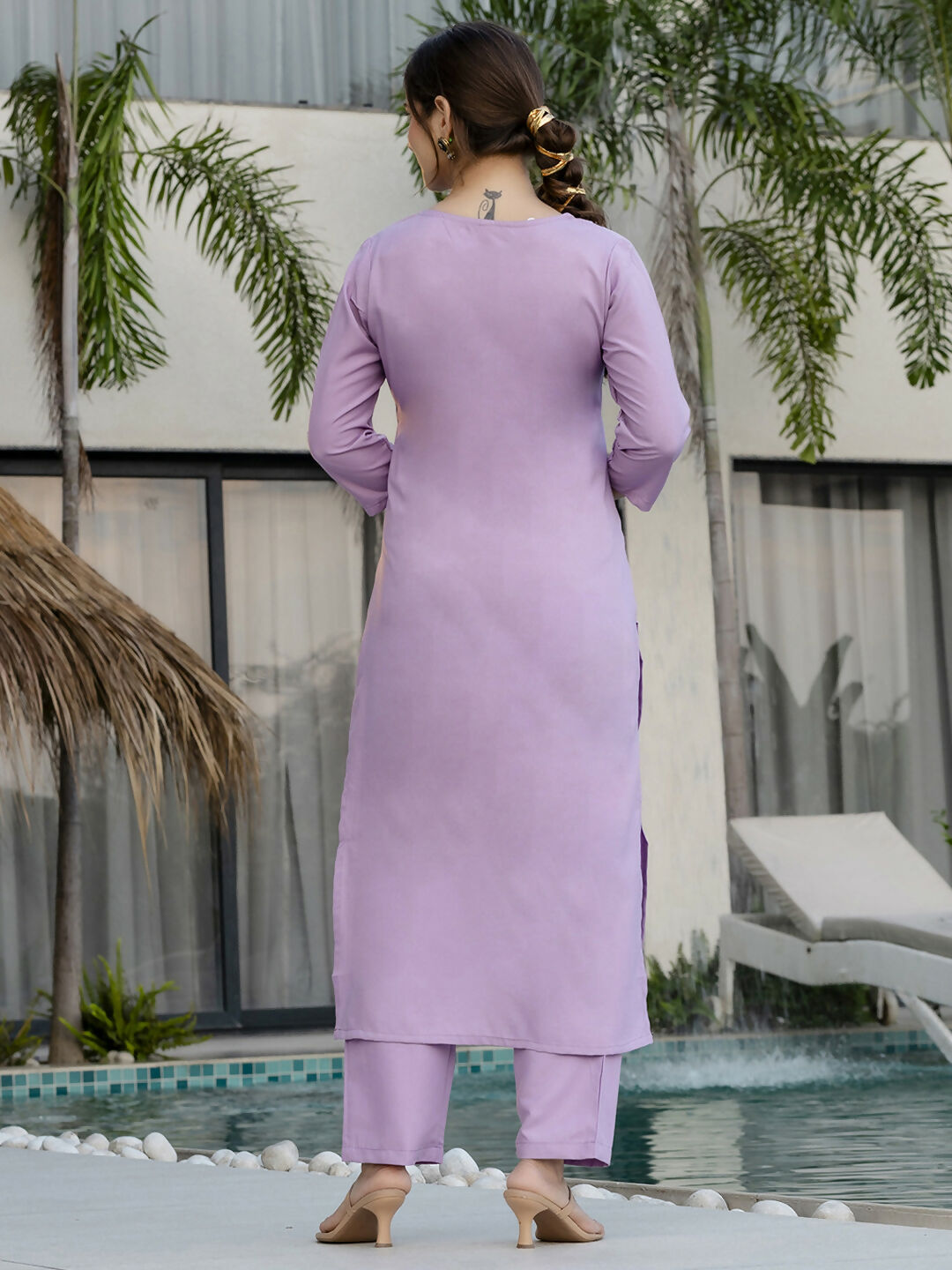 The52 Lavender Women's Beautiful Thread work Rayon Fabric with Straight Kurta, Pant and Dupatta Set