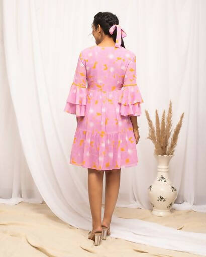 FIORRA Women's Light Pink Georgette Floral Printed Western Dress