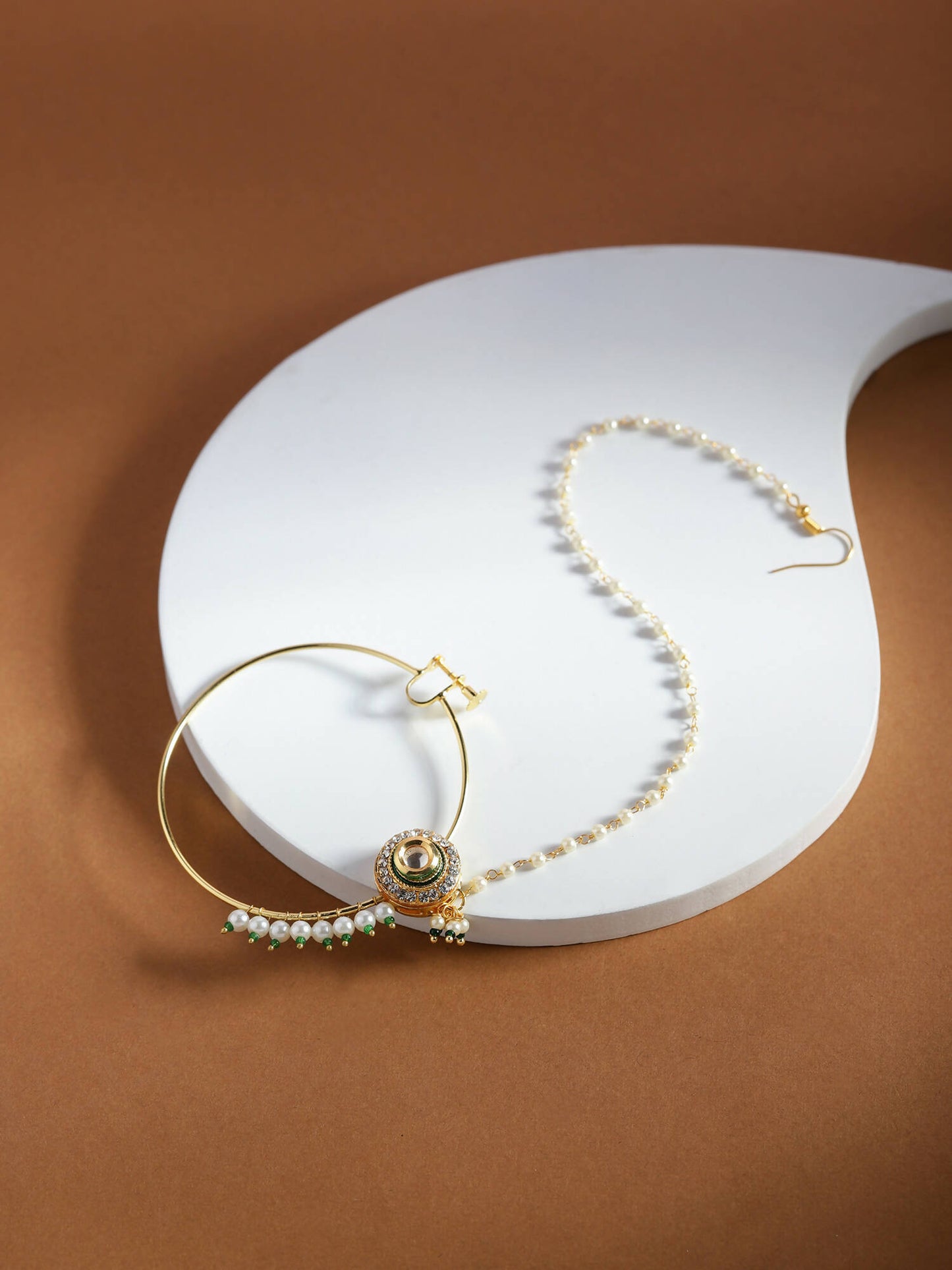 Gold-Polished White Green Kundan-Studded Pearl Beaded Nosepin - Ruby Raang