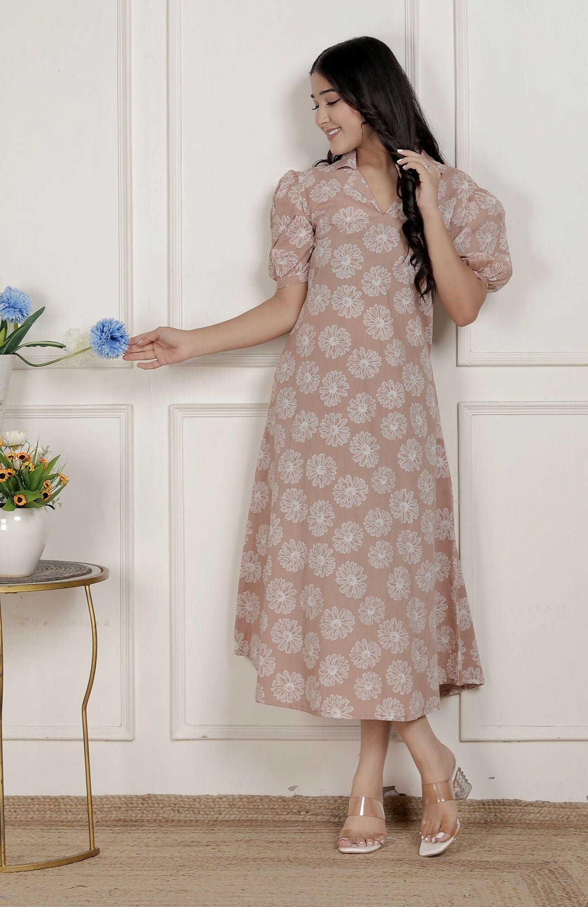 Miravan Womens Puff Sleeve Cheeku Pure Cotton Printed Maxi Dress