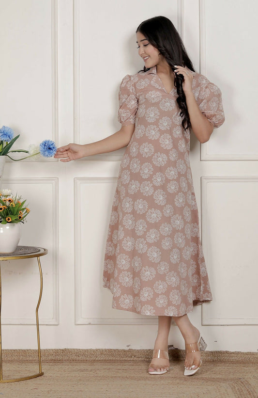 Miravan Womens Puff Sleeve Cheeku Pure Cotton Printed Maxi Dress