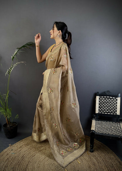 Joban Fashion Mud Brown Handloom Banarasi Organza Silk Khatali Butta Work Saree